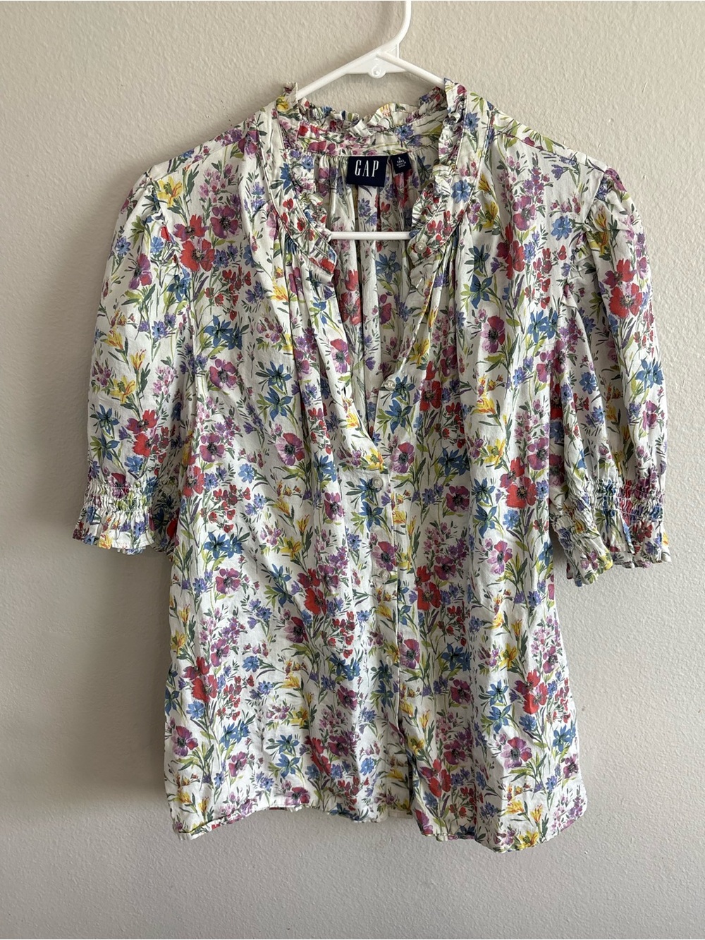 GAP Floral Ruffle Collar Blouse Short Sleeve Smocked Puff Sleeve Top